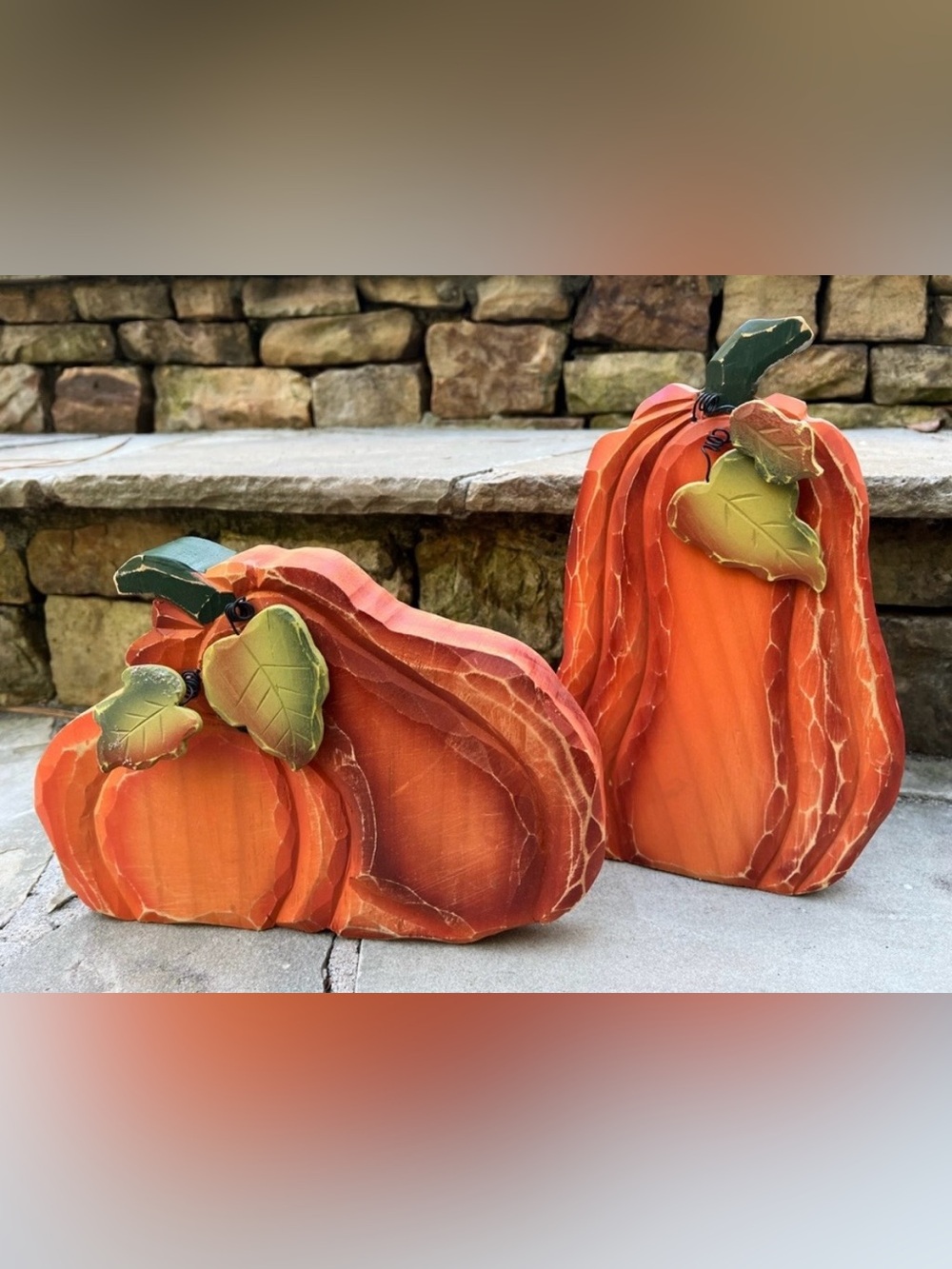 🍁 Wooden Pumpkin Fall Decor Accents Set Two/2 painted wood pumpkins NEW!